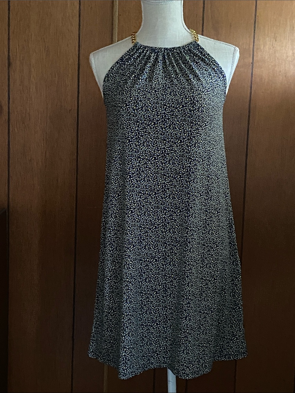 Michael Kors Navy Yellow & White Chain Shoulder Knee Length Dress - Picture 4 of 16